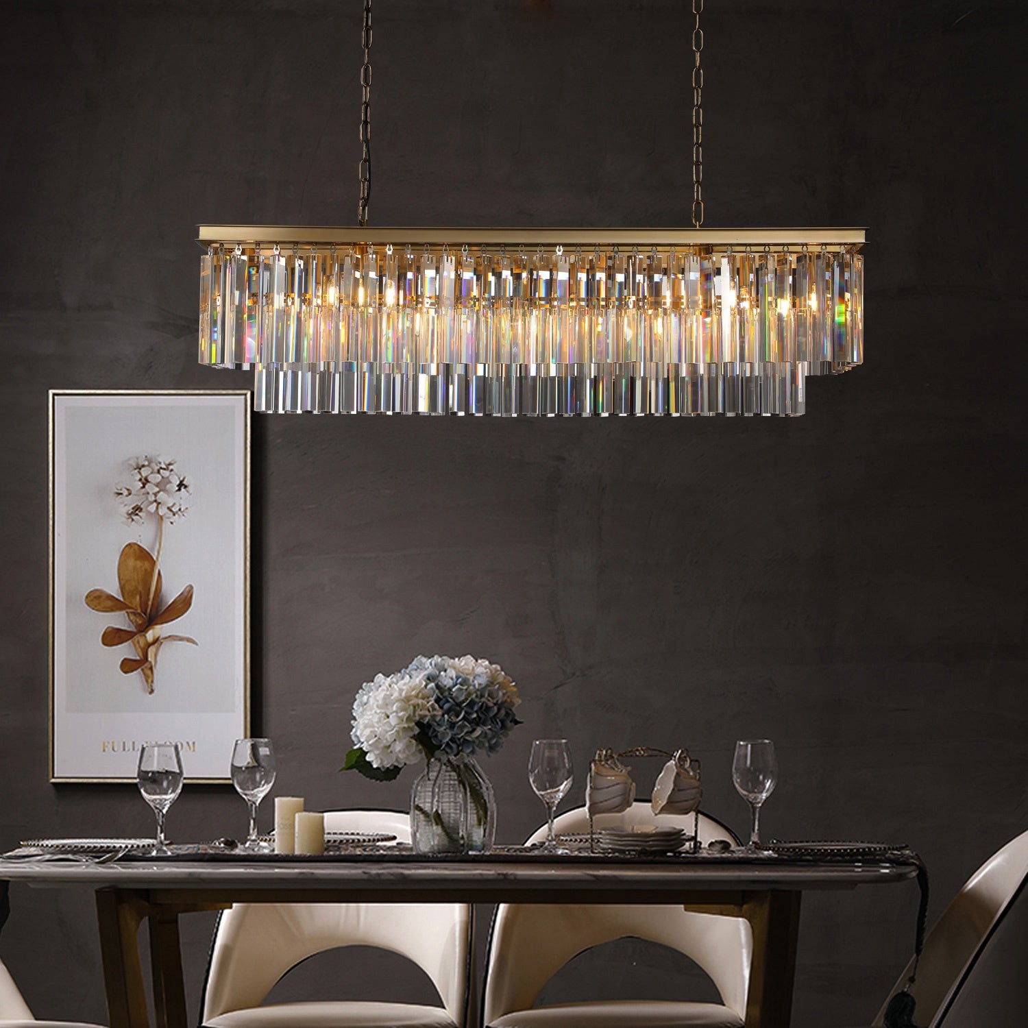 Iridescent Modern Two-Tier Rectangular Crystal Chandelier